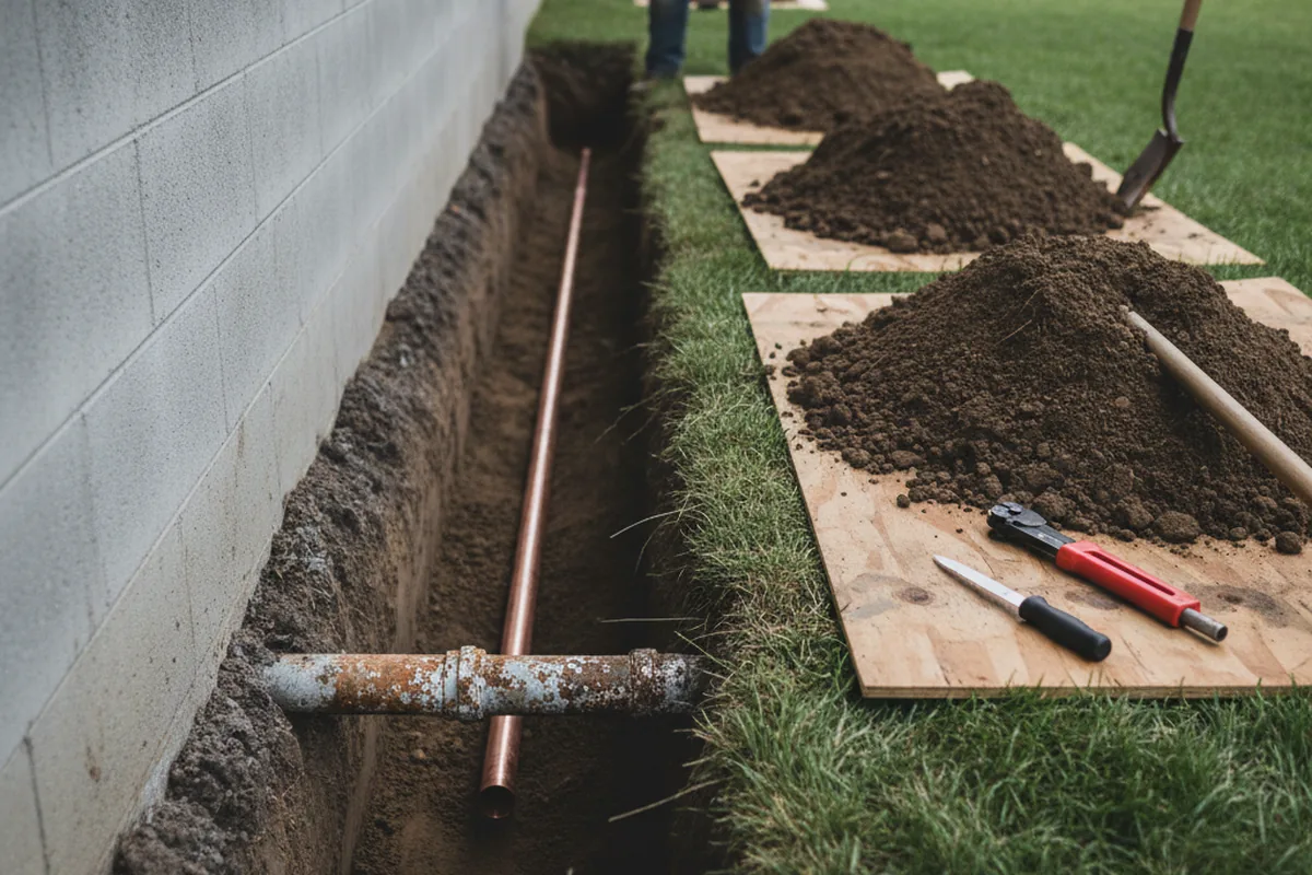 Excavated water line trench during Sewer Line Repair in Ernul